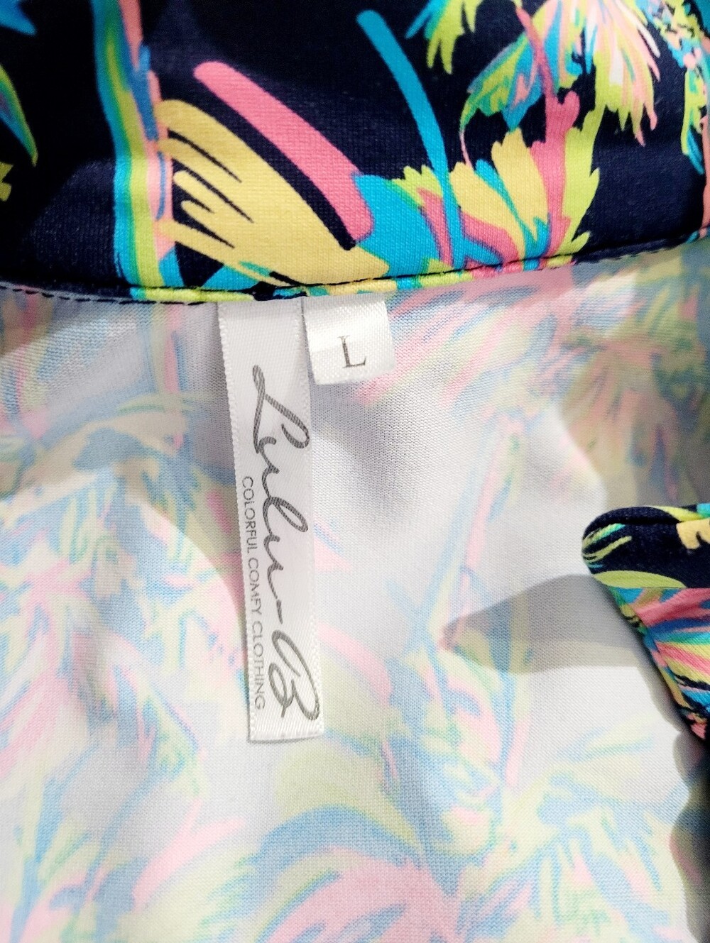 Lulu-B Tropical Palm Print Liquid Knit Tunic Top Large Navy Beach Cover Up - Picture 6 of 12